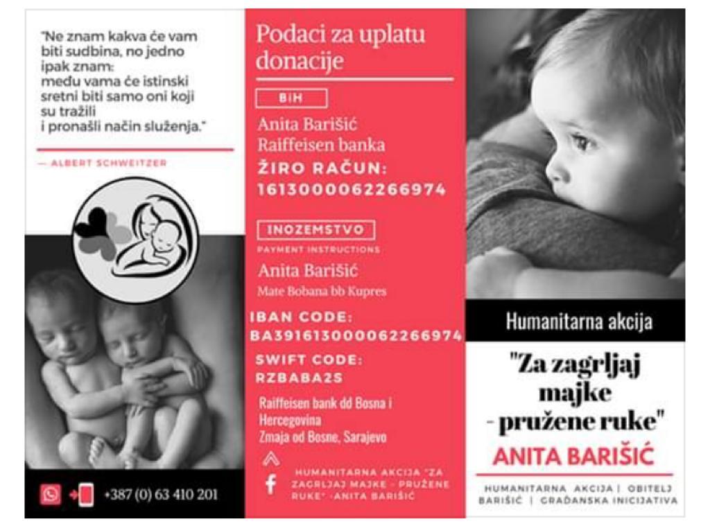 POMOZIMO ZAJEDNO NAŠOJ SUGRAĐANKI ANITI BARIŠIĆ IZ KUPRESA: „ Za zagrljaj majke – pružimo ruke“